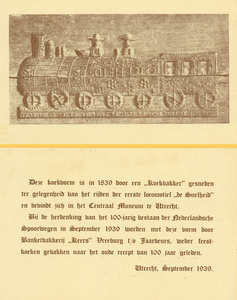 840334 Afbeelding van een reclamekaartje (voor-en achterzijde) voor de jubileumkoeken ter gelegenheid van het 100-jarig ...